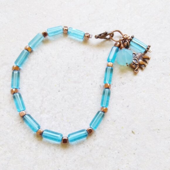 Slim Aqua & Copper Glass Rods Bracelet - 7-7.5" Wrists - for Elephant Lovers! - Picture 4 of 7